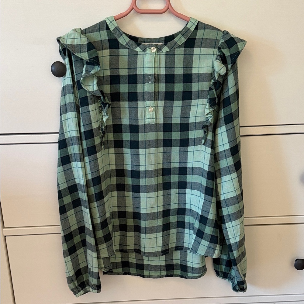 Vineyard Vines Kids Plaid Ruffle Blouse - Green and Black, size L